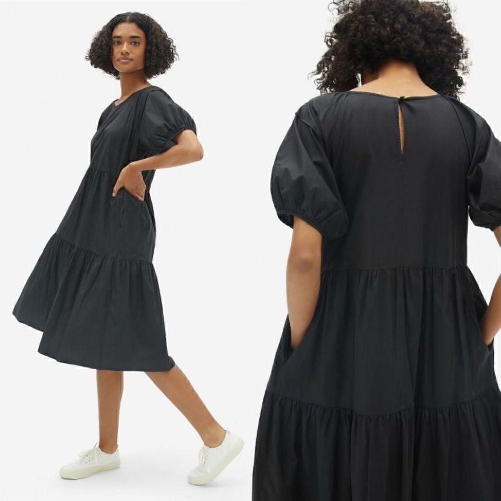 Everlane The Tiered Cotton Midi Black Shirt Dress Size 2